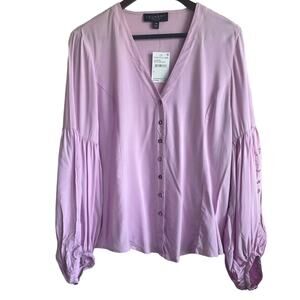 Laundry Women Top L Pale Purple 3/4 Laser Cut Puff Sleeve Button Up Softgirl NEW